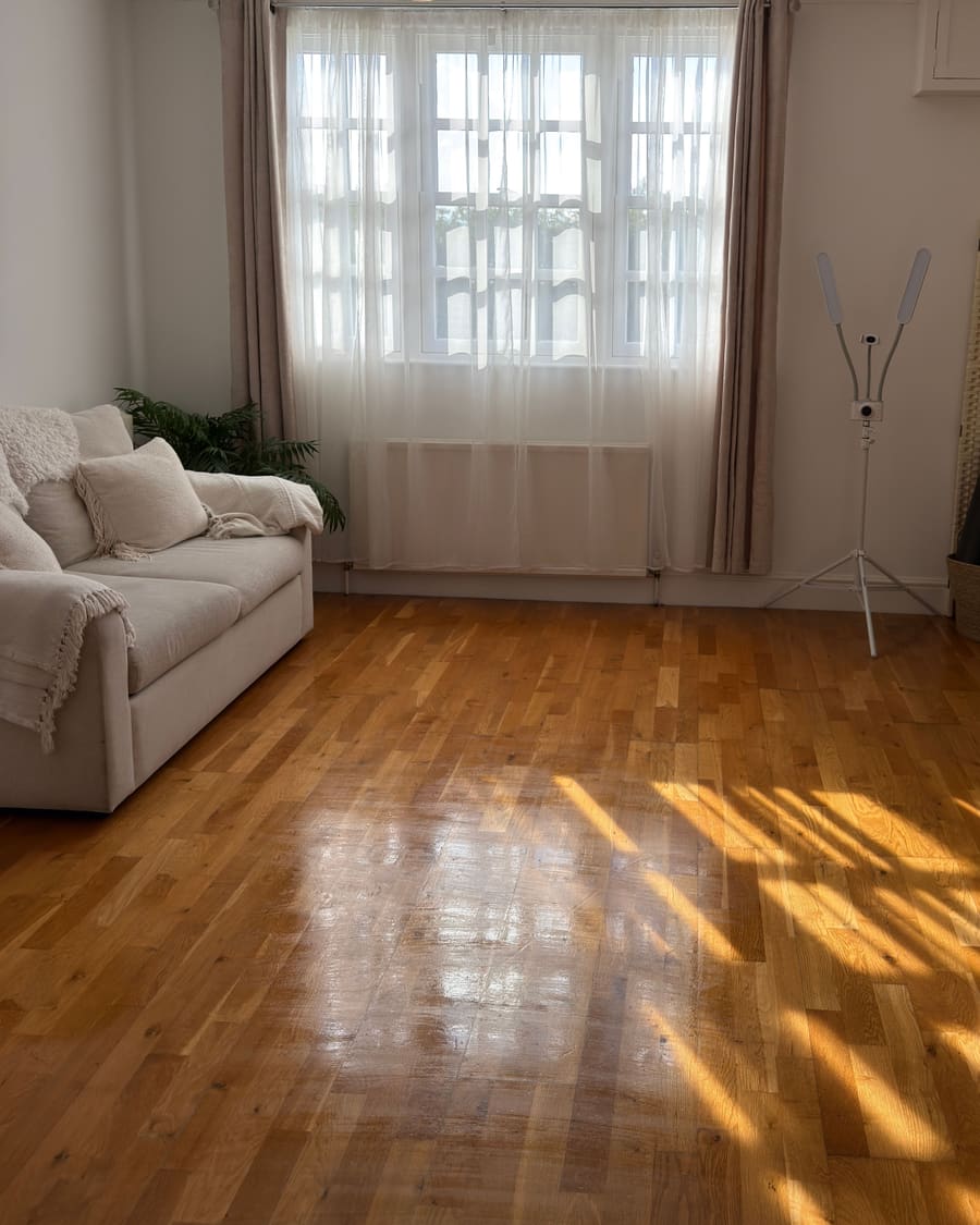 Sunlight falling across the wooden floor of the studio, with a cream sofa and tall windows dressed in sheer curtains